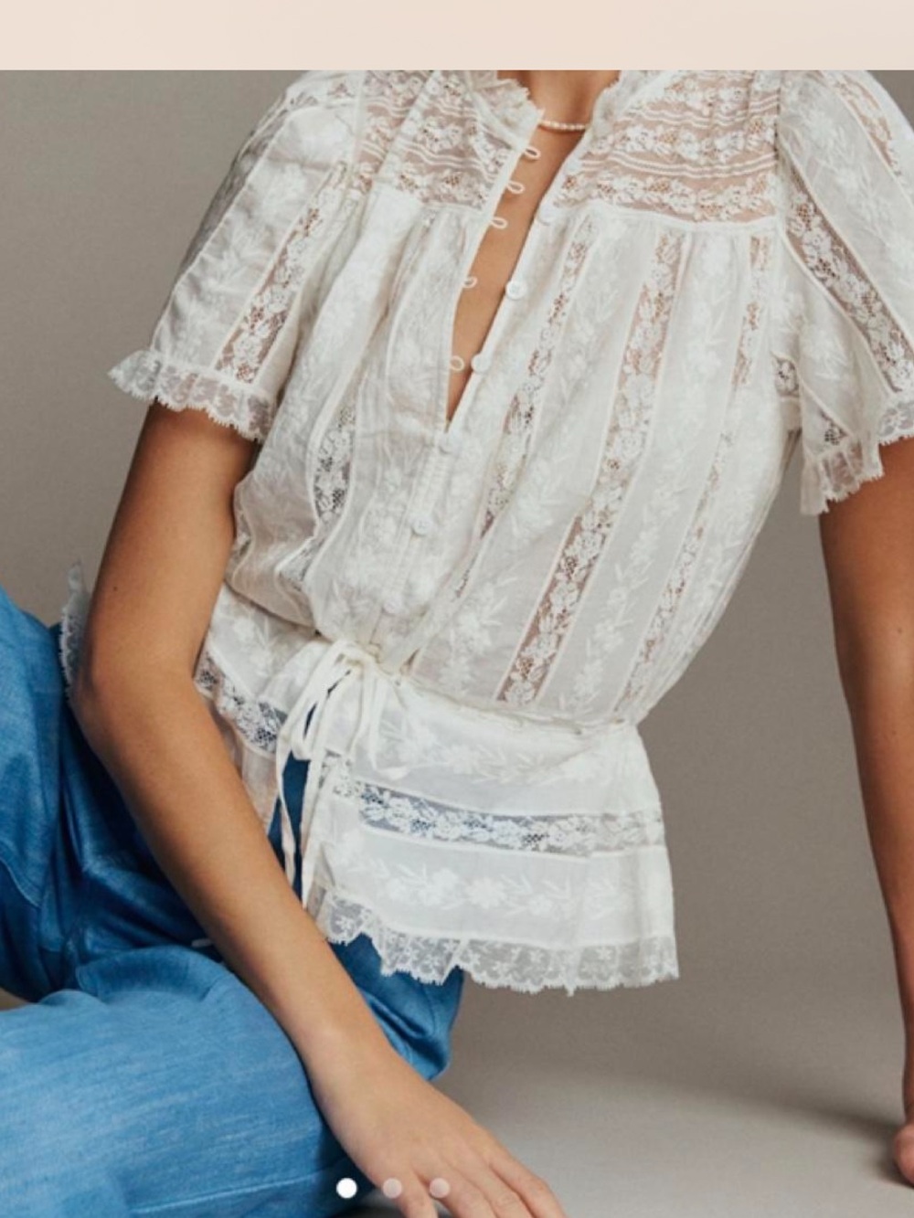 Sézane Shenali Blouse Lace Tie-Waist Blouse in White